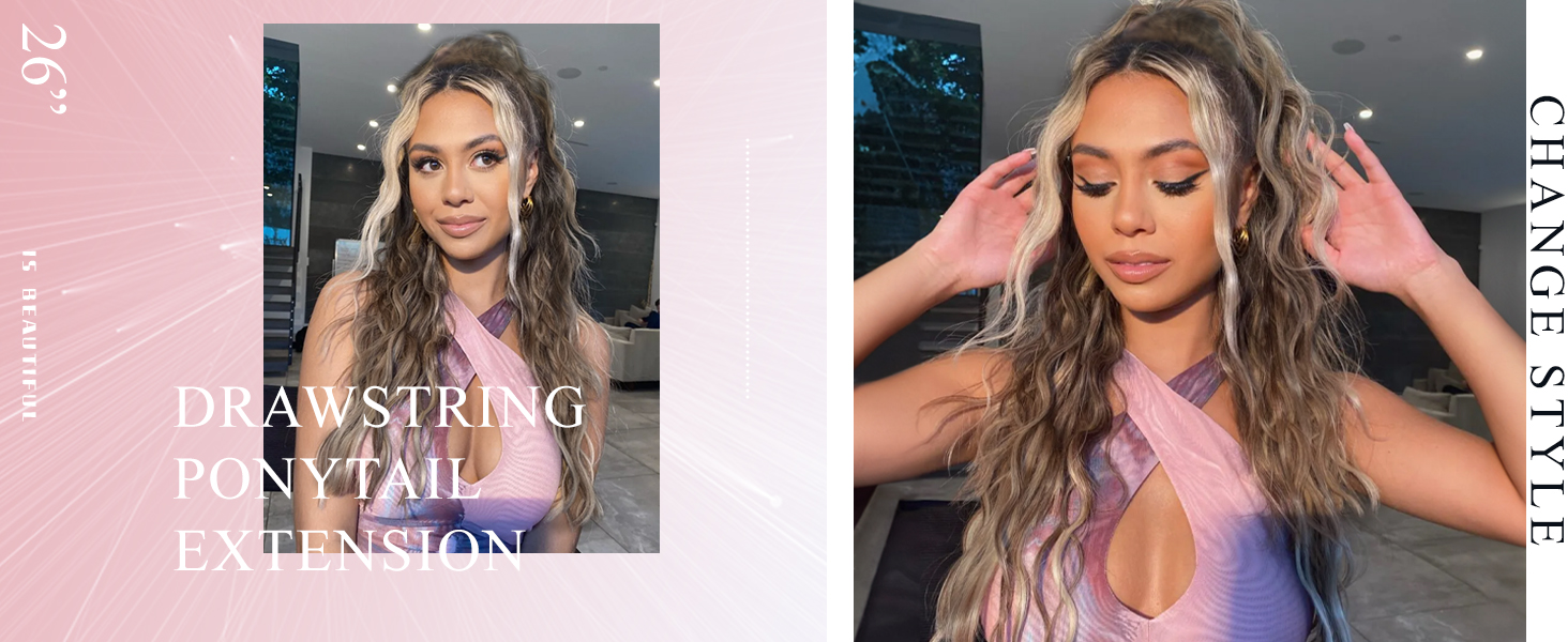 mettant en vedette une extension de cheveux en queue de cheval d'une longueur de 26 pouces affichée à côté de photos de démonstration de coiffure