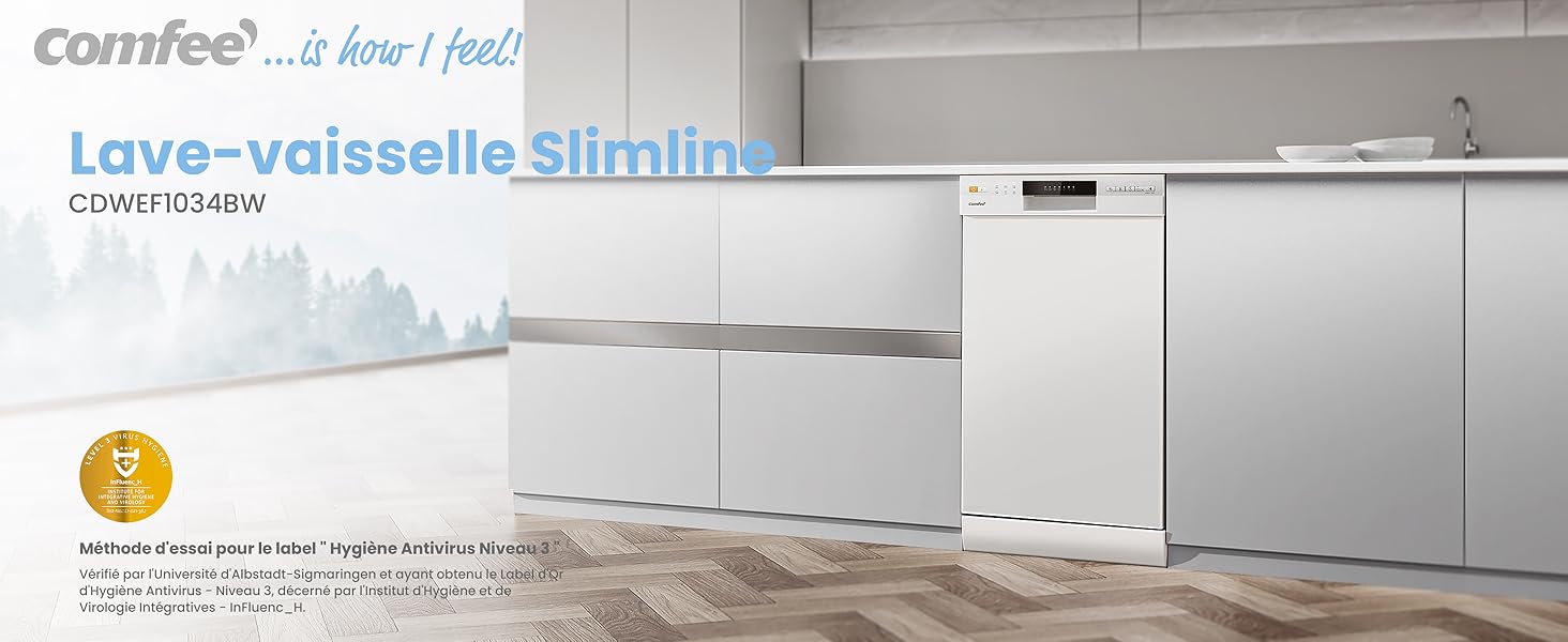 Le texte se lit comme suit : « curaflex » et « Lave-vaisselle-binning ». L'image montre une surface carrelée blanche avec des détails de garniture en métal.