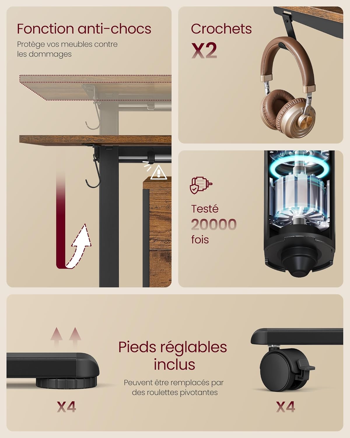 VASAGLE - cadre de bureau assis-debout acier, mémoire 3 hauteurs, 2 crochets, dimensions personnalisables, LSD021B01V2