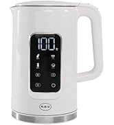 Plusieurs vues d'une bouilloire électrique blanche avec affichage numérique indiquant « 100,0 », dotée d'un design moderne avec poignée et bec.