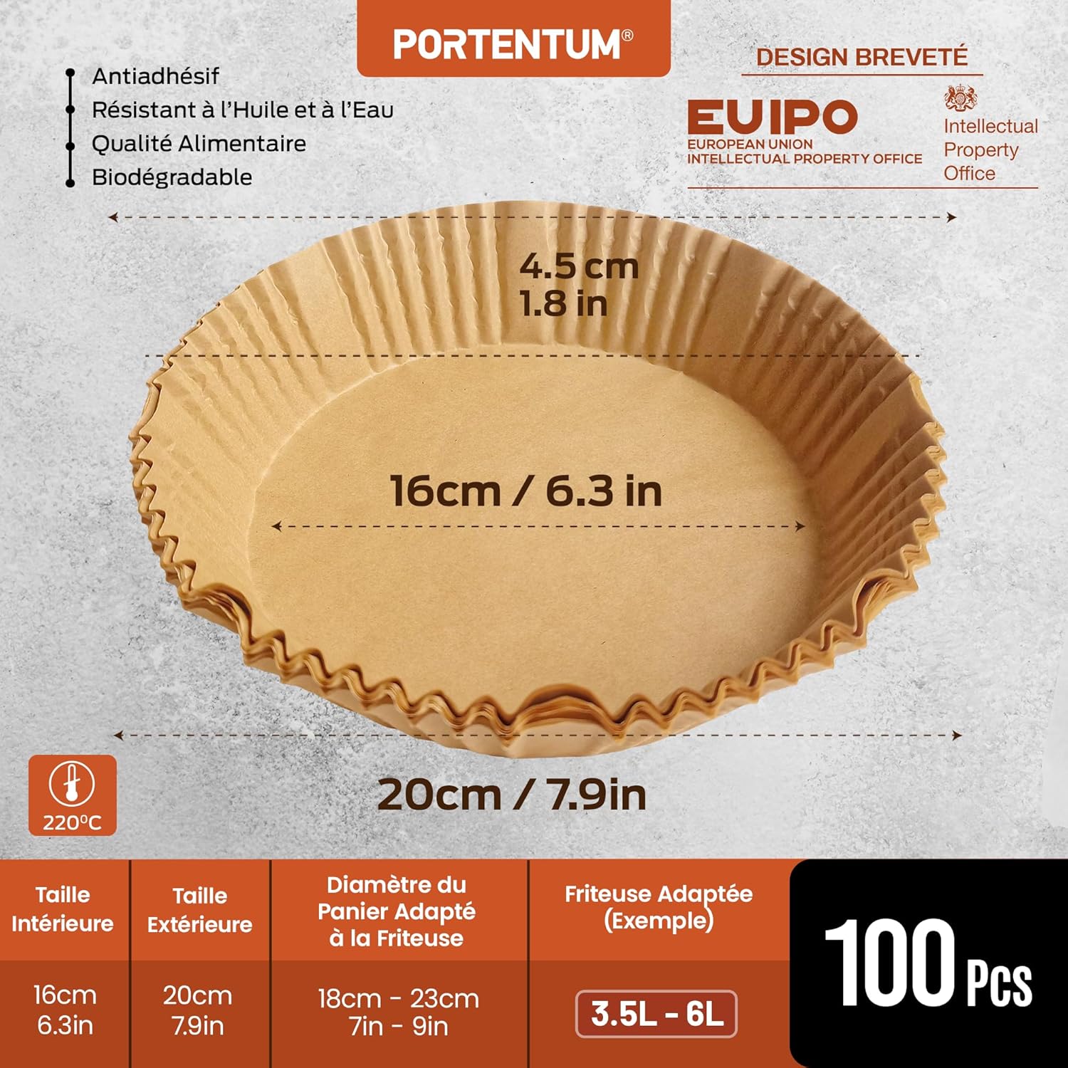 PORTENTUM - papier cuisson air fryer - 16x20cm - 100pcs BPA free, friteuses 3–4,5L