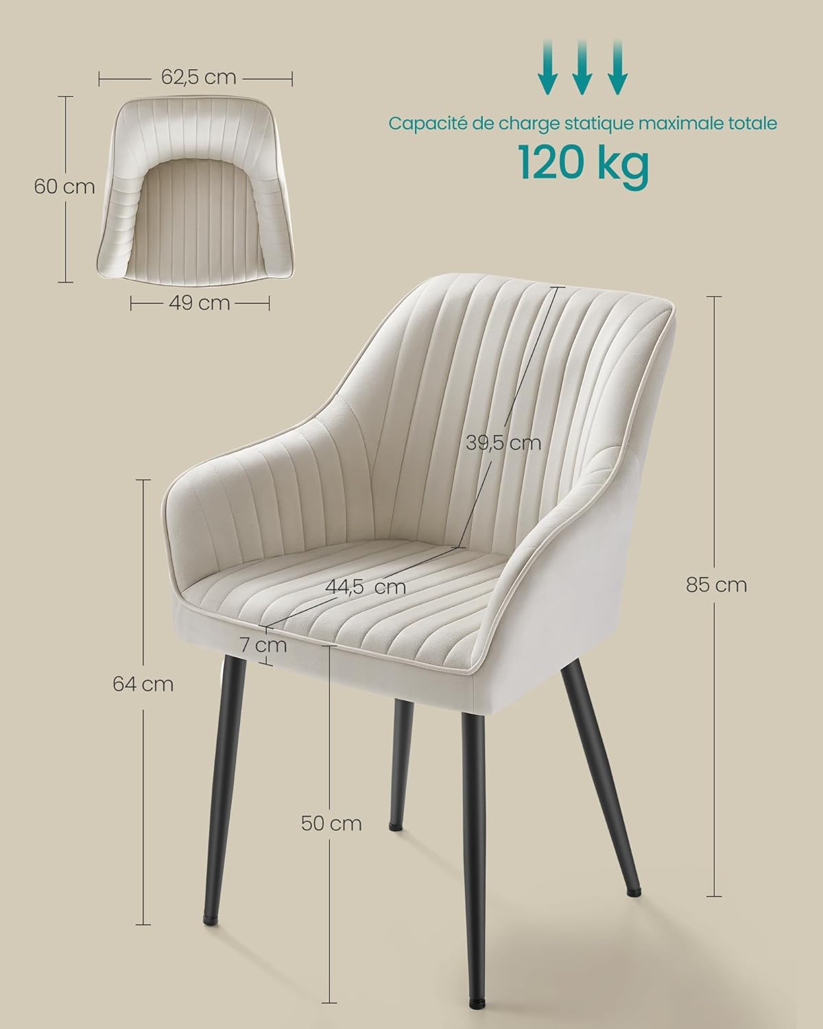 SONGMICS - fauteuil salle à manger 6 places, velours, accoudoirs, pieds métal, 120kg, beige cappuccino/noir - LDC087W16