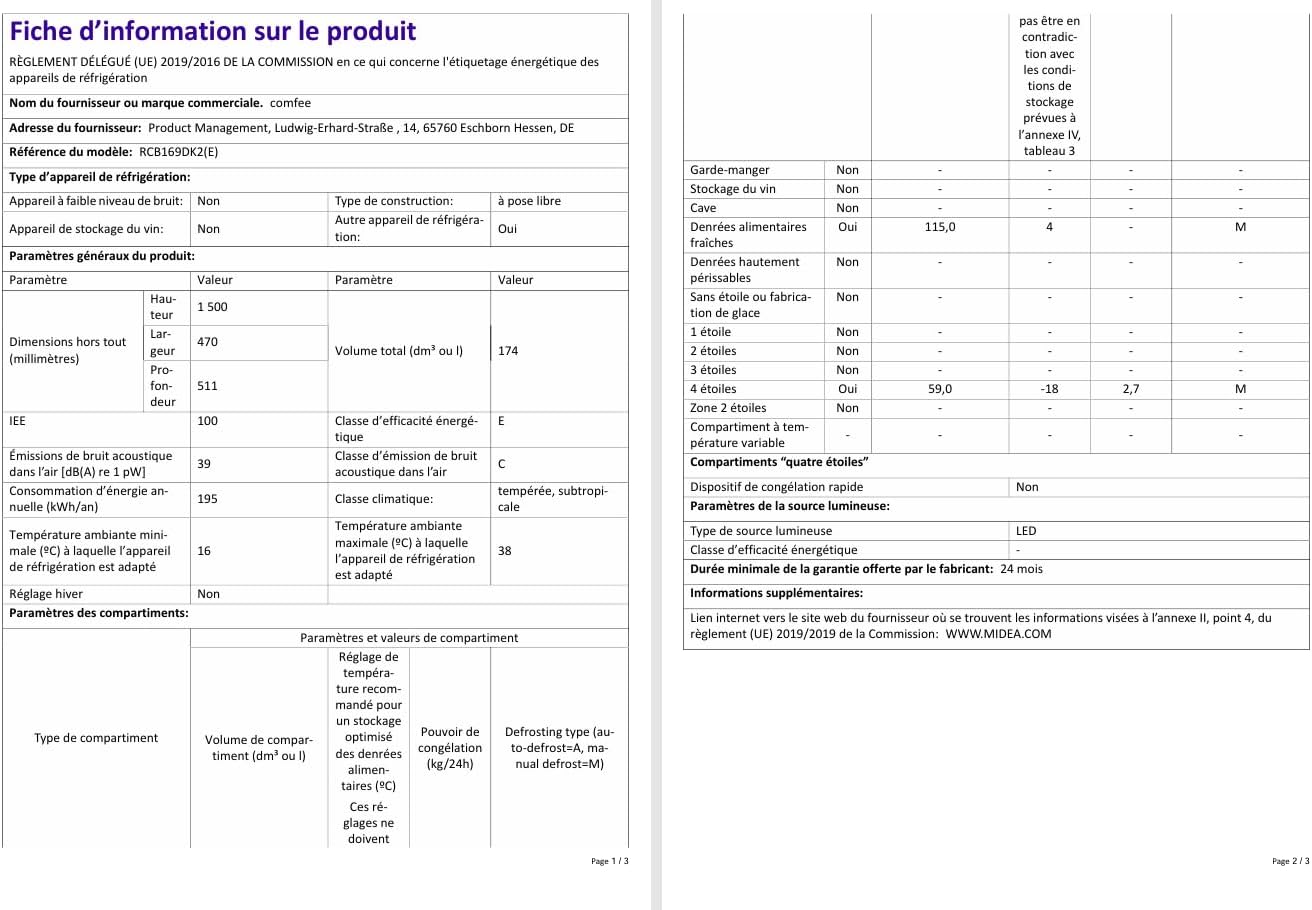 Comfee' - réfrigérateur congélateur - 150 cm - 115L/59L, Low Frost, LED, noir - RCB169DK2(E)