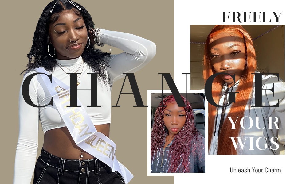 Image promotionnelle pour perruques avec les textes « CHANGEZ » et « LIBREMENT VOS PERRUQUES ». Plusieurs panneaux montrent différentes coiffures sur les modèles