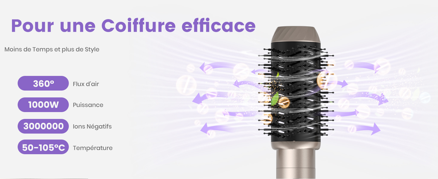 Le texte se lit comme suit : « Pour une coiffure efficace ». Publicité française présentant des produits de coiffure avec diverses icônes de réseaux sociaux et de plateformes numériques en violet.