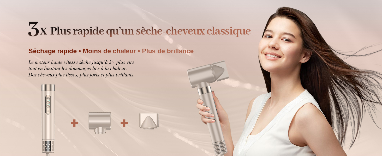 Le texte se lit comme suit : « 5X Plus rapide qu'un sèche cheveux classique ». Publicité présentant un outil de coiffure avec des illustrations techniques des composants et des caractéristiques.