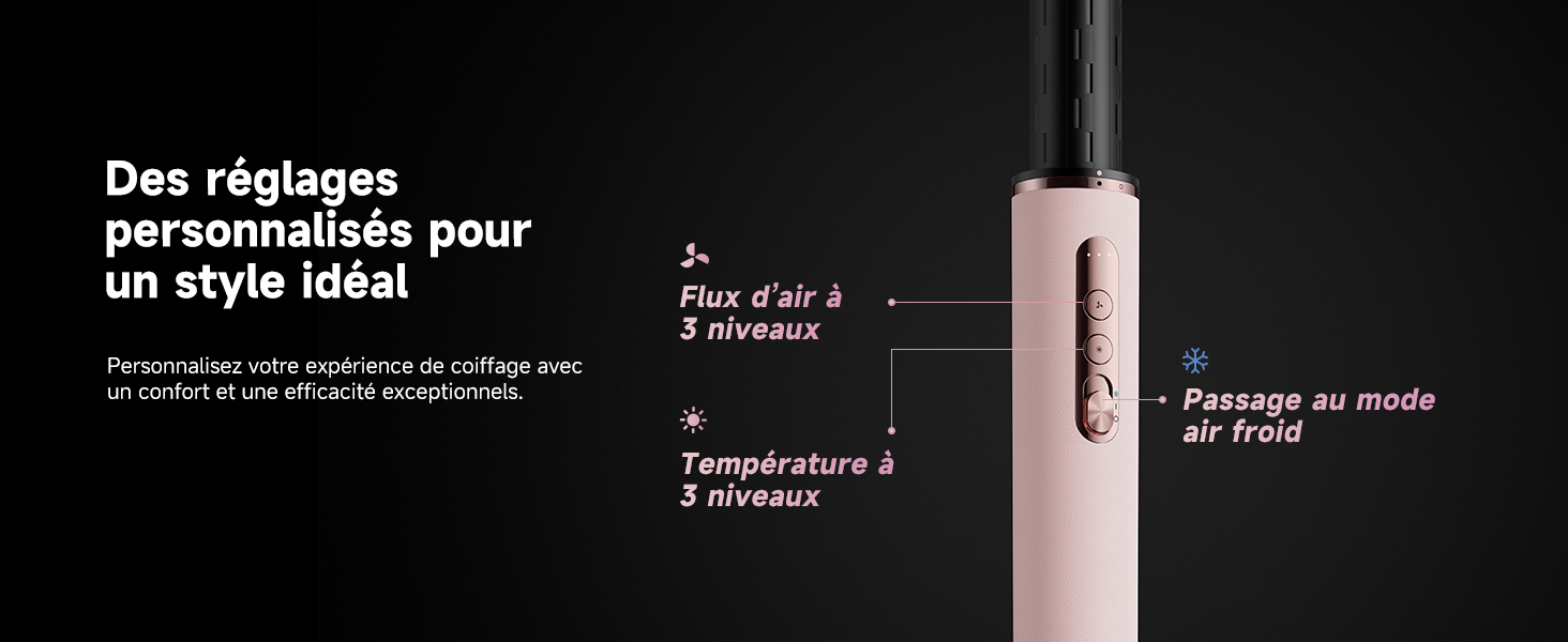 Le texte se lit comme suit : « Des réglages personnalisés pour un style idéal ». Schéma du produit sur fond noir montrant les réglages de température et de coiffage en français.