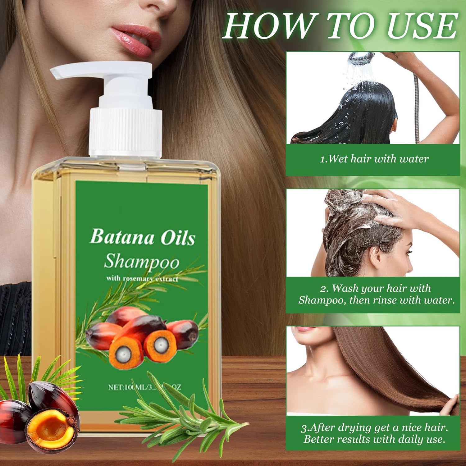 Shampoing à l'huile de Batana - extrait romarin - nutrition, hydratation - tous types de cheveux