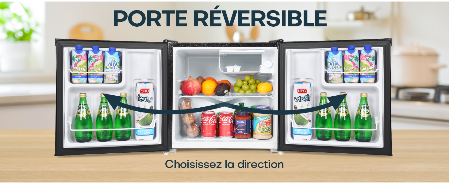 avec portes réversibles, avec étagères intérieures remplies de boissons, de fruits et de conserves. Le texte indique « Porte réversible » (porte réversible).