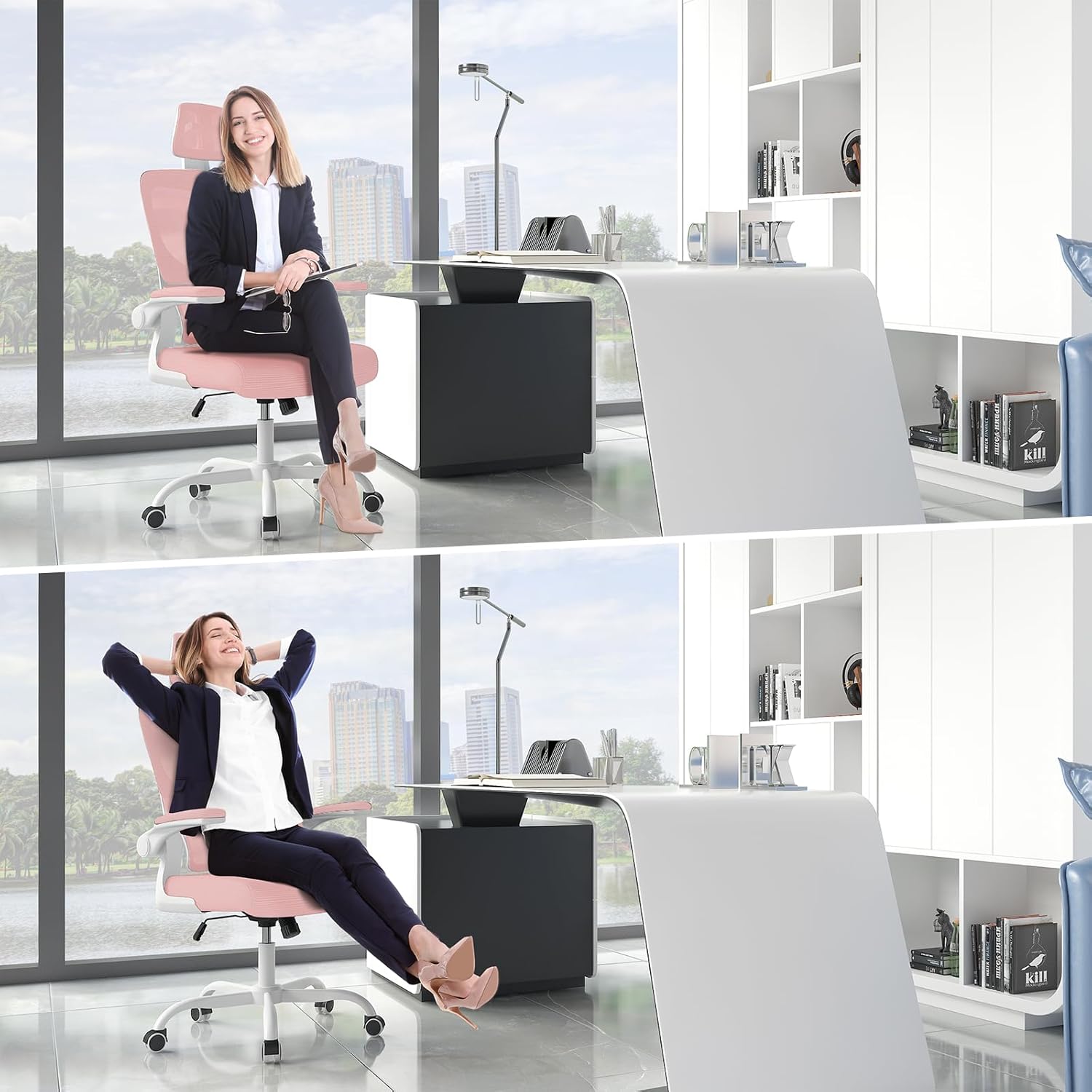 Chaise de bureau ergonomique - support lombaire réglable - appui-tête & accoudoirs ajustables - maille respirante, rose