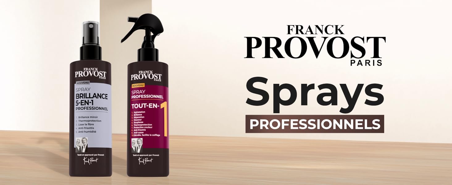 Le texte indique « FRANCK PROVOST PARIS PROFESSIONNELS » et « Sprays ». Présentation de produits de soins capillaires professionnels montrant des bouteilles foncées sur fond clair.