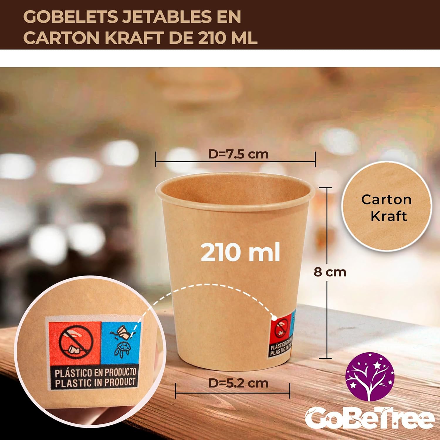 Gobelets jetables en carton - kraft - 210ml - résistants, étanches