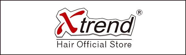 Xtrend Hair avec un motif en « X » rouge stylisé avec un texte noir sur fond