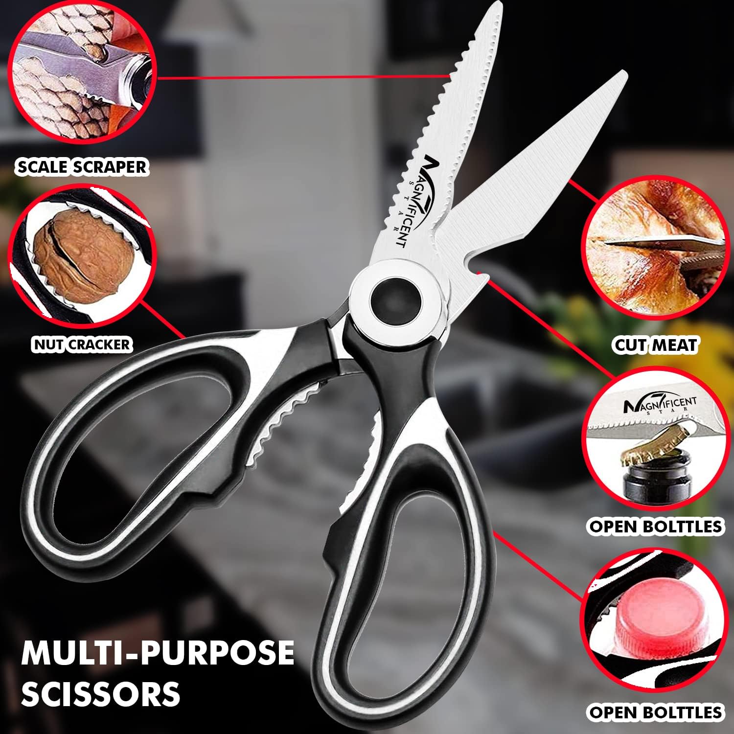 Ciseaux de cuisine - multifonction, avec couvercle, poignée douce, robustes, coupe viande/herbes