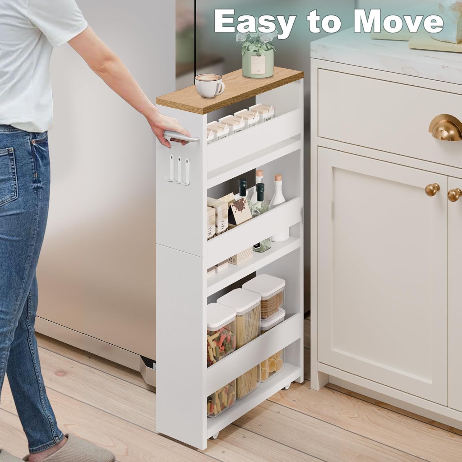 Desserte à roulettes - 4 niveaux, 40x15x80 cm, chêne clair & blanc, poignée et roulettes