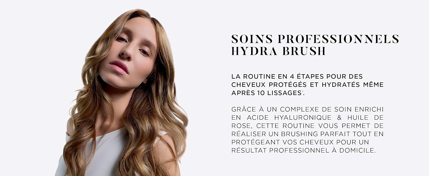 Le texte indique « SOINS PROFESSIONNELS HYDRA BRUSH ». Publicité de produits de beauté mettant en vedette des cheveux coiffés présentant une texture lisse et hydratée.