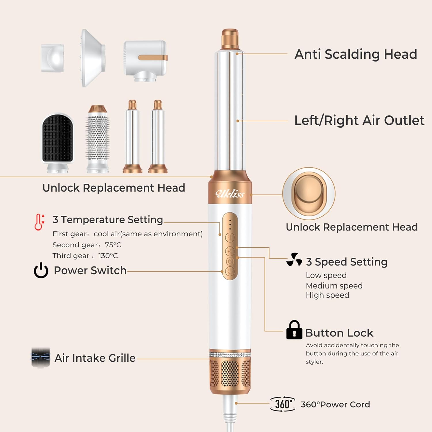 UKLISS - Air Styler Pro 7-en-1 - 1400W, brushing, boucleur autom.