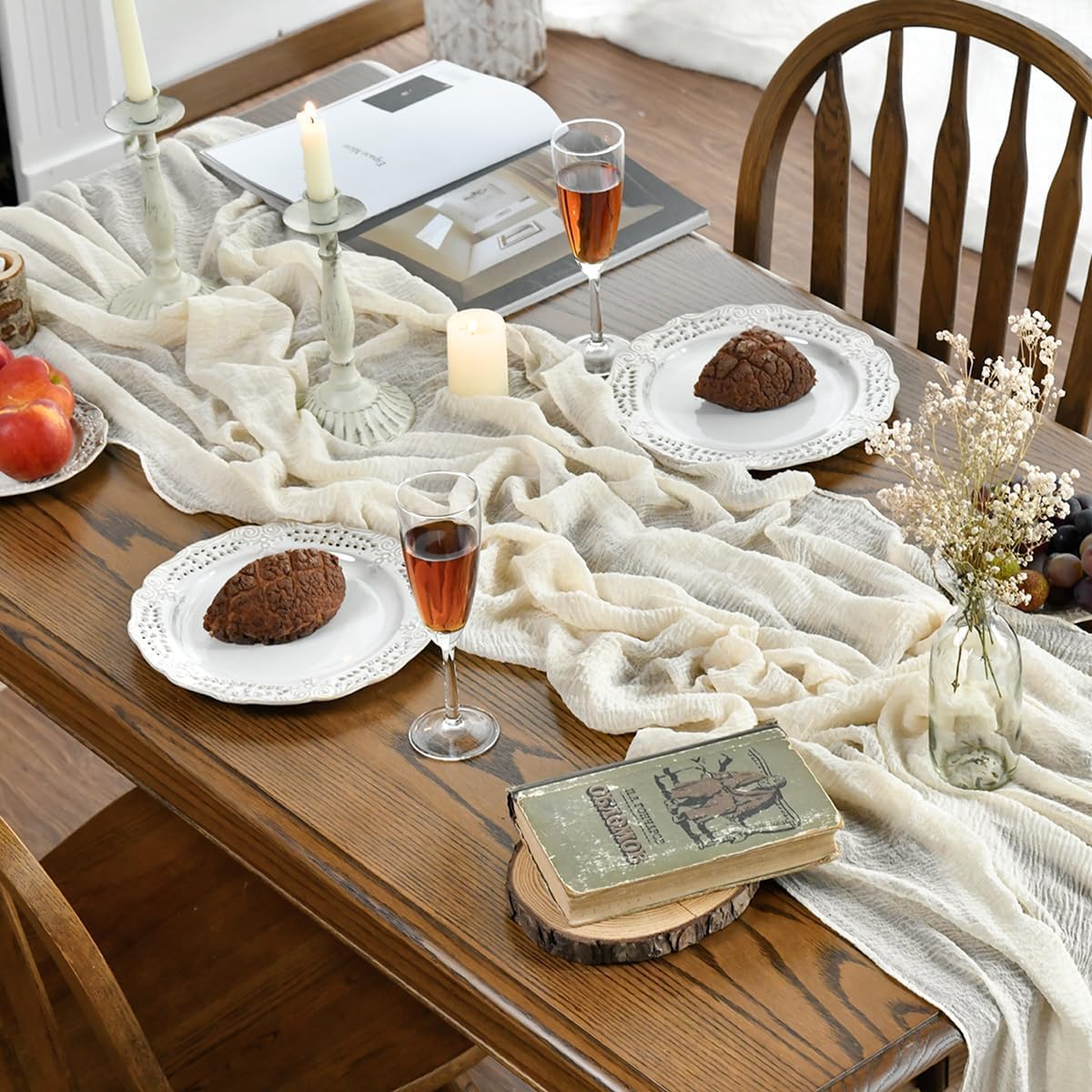 Artoid Mode - lot de 6 chemins de table - 300 cm - gaze mousseline bohème beige, décoration mariage