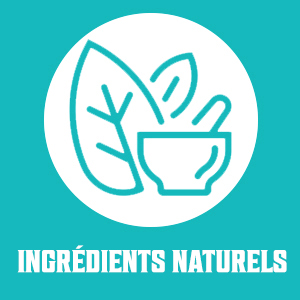 bleu sarcelle avec le symbole d'une coupe blanche et d'une feuille, accompagnée du texte « Ingrédients naturels »