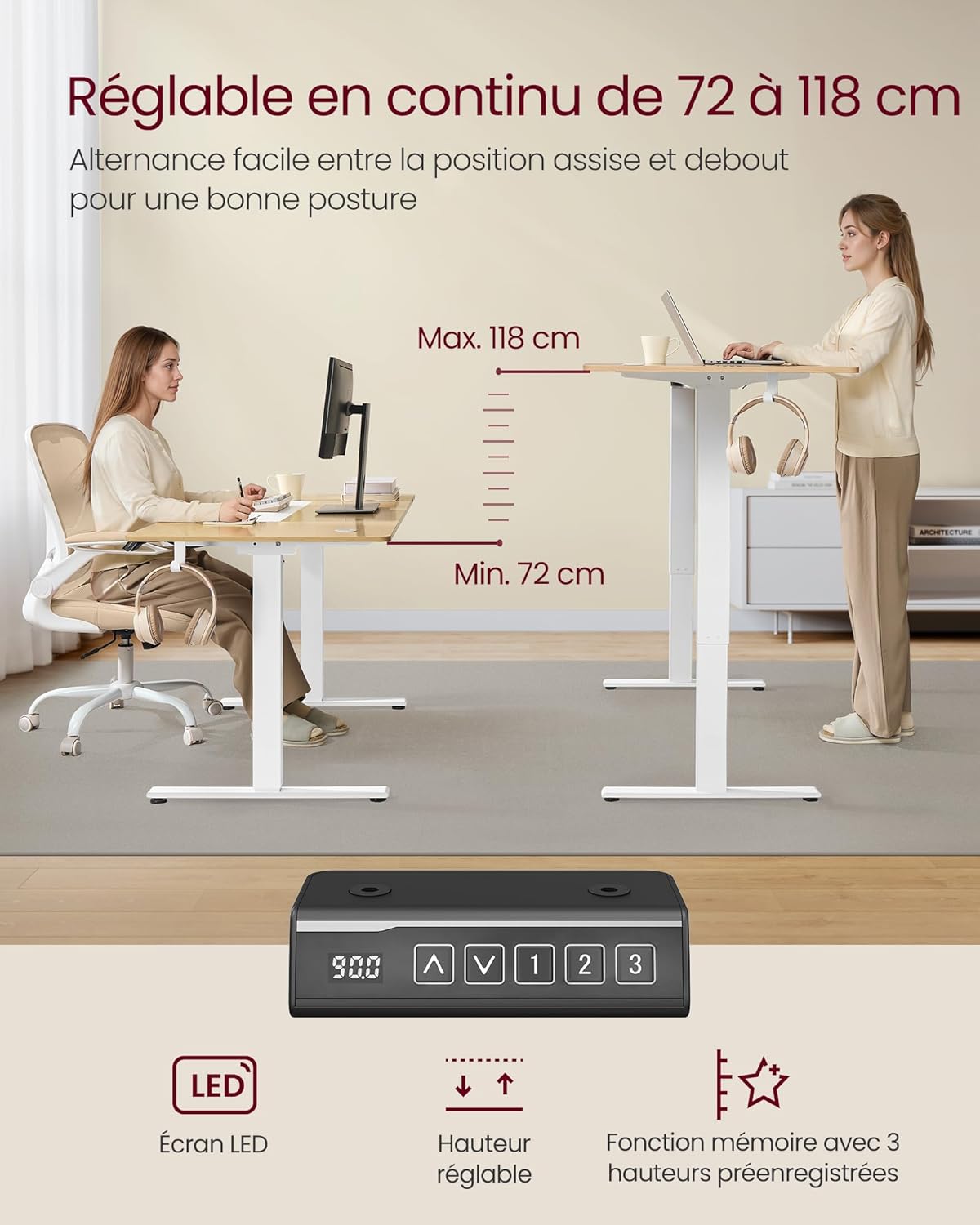 VASAGLE - bureau assis-debout, acier blanc, 3 hauteurs, 2 crochets, LSD021W01V2