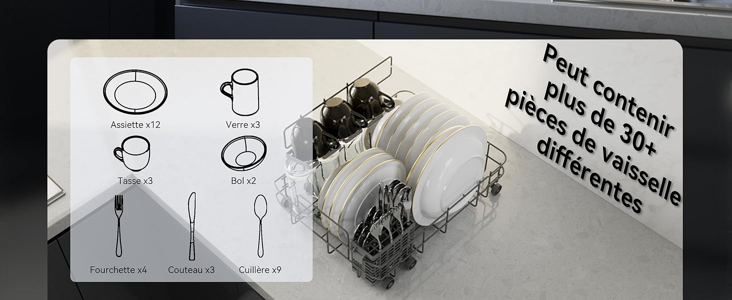 Intérieur du lave-vaisselle avec instructions de chargement. Les icônes indiquent l'emplacement correct des assiettes, des tasses et des ustensiles.