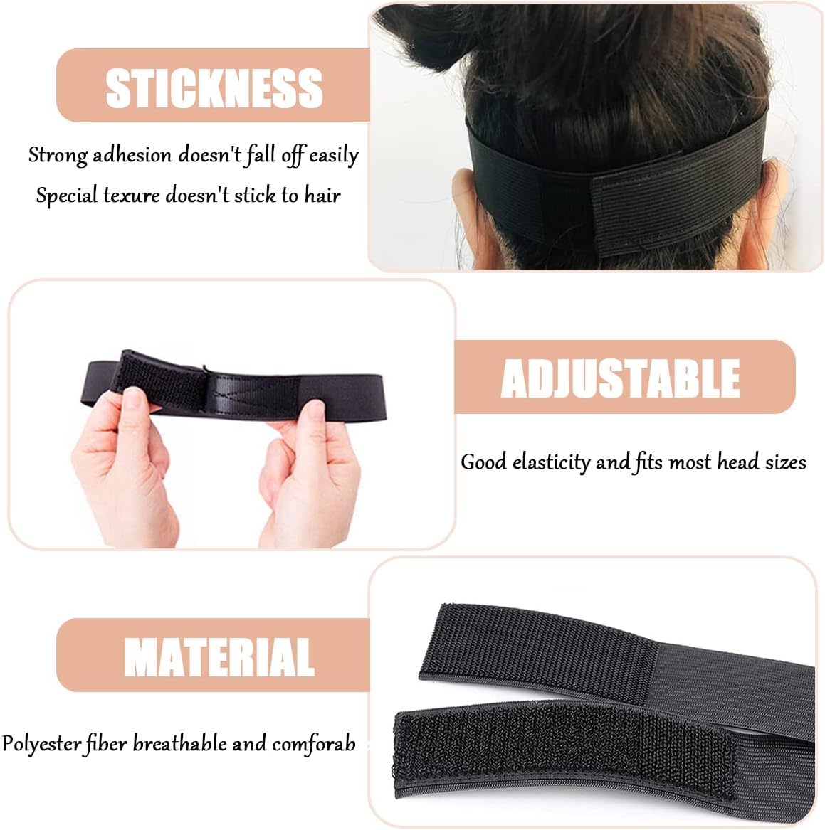 Bandes élastiques pour perruque – réglables – 3 pièces + brosse – maintien optimal