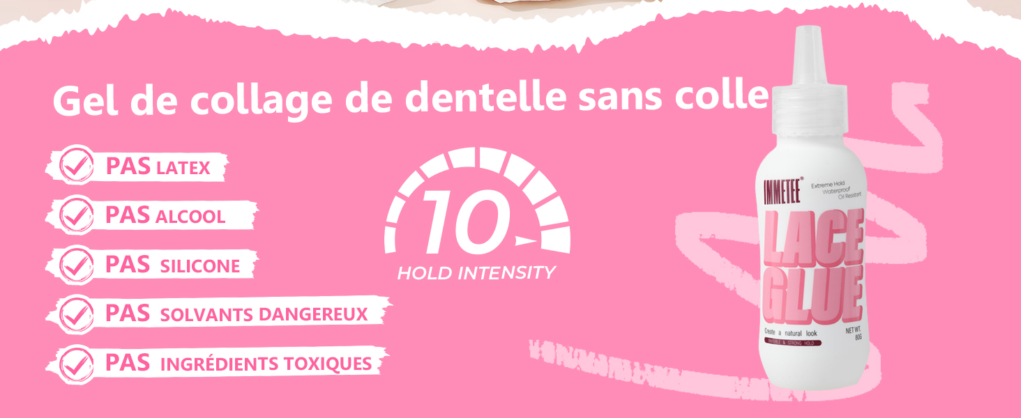 Le texte se lit comme suit : « Gel de collage de dentelle sans col ». Bannière promotionnelle rose pour un produit en gel adhésif à dentelle avec 110 % de texte et les avantages du produit
