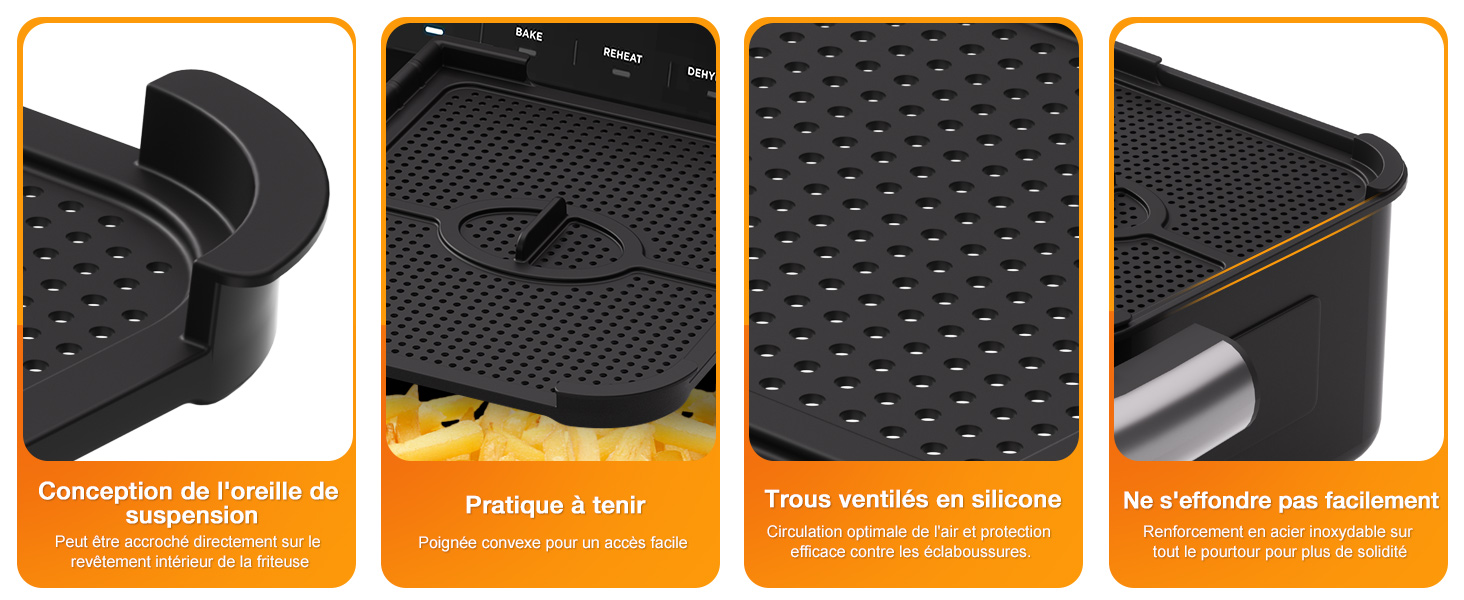 Vitrine de produits à quatre panneaux présentant différents angles et textures d'un étui ou d'une housse de protection noire avec des motifs de surface et des motifs de bords détaillés.