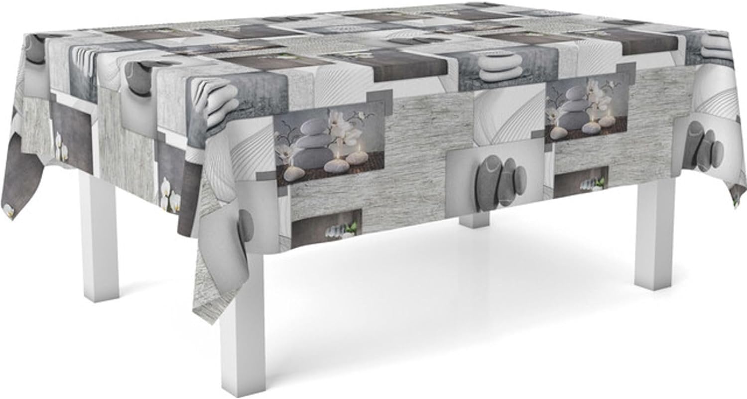 Nappe en toile cirée rectangulaire - Zen Pierres - 100x140 cm - anti-taches, imperméable, facile d'entretien