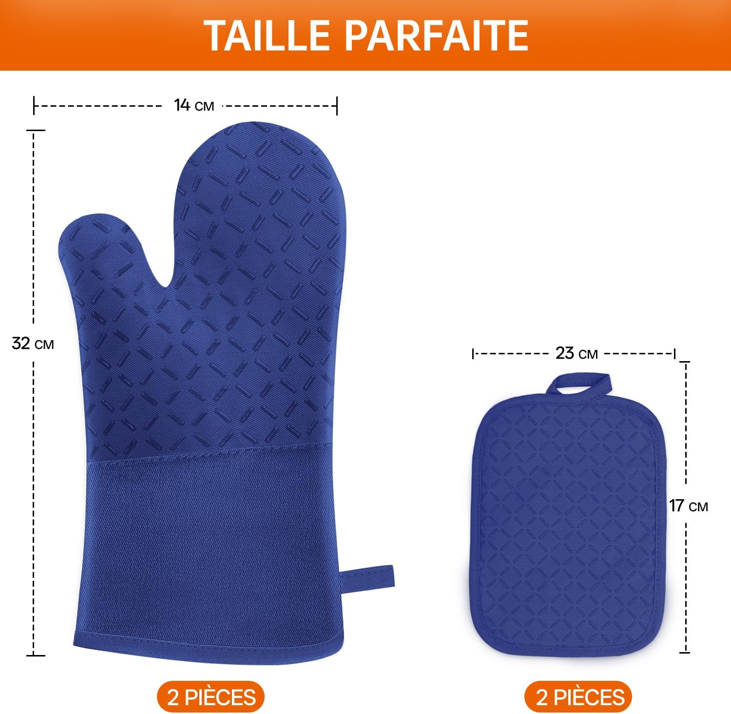 MILcea - Gants de cuisine anti-chaleur, 32cm, silicone/coton doux, lot de 4