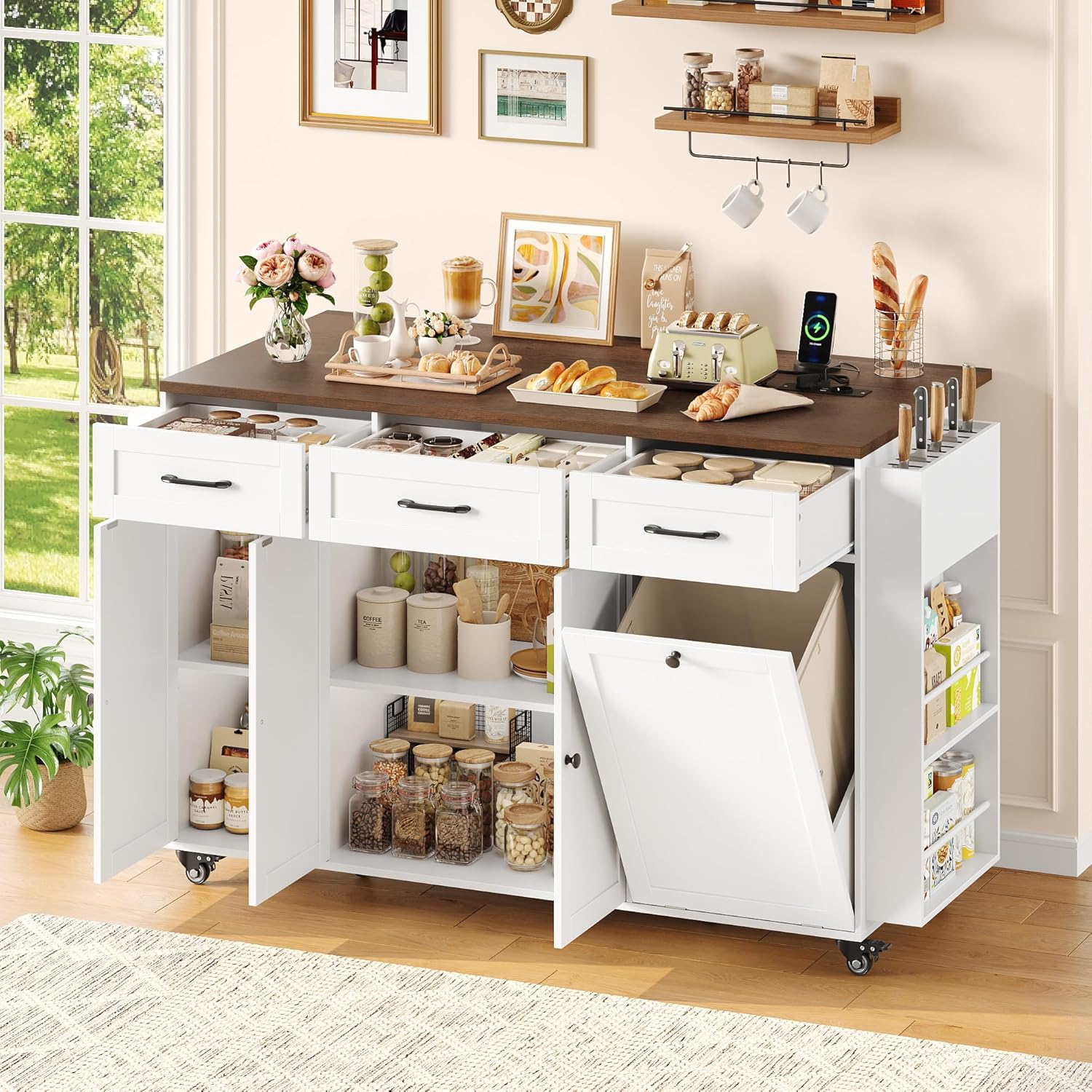 FirFurd - îlot cuisine rangement pliable, USB, blanc, 135x60x88cm