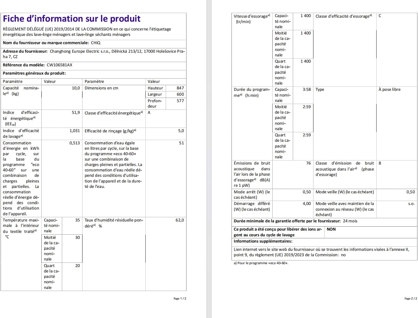 CHiQ - Lave-linge 10 kg, classe A-10%, Inverter, vapeur, CW106581AX
