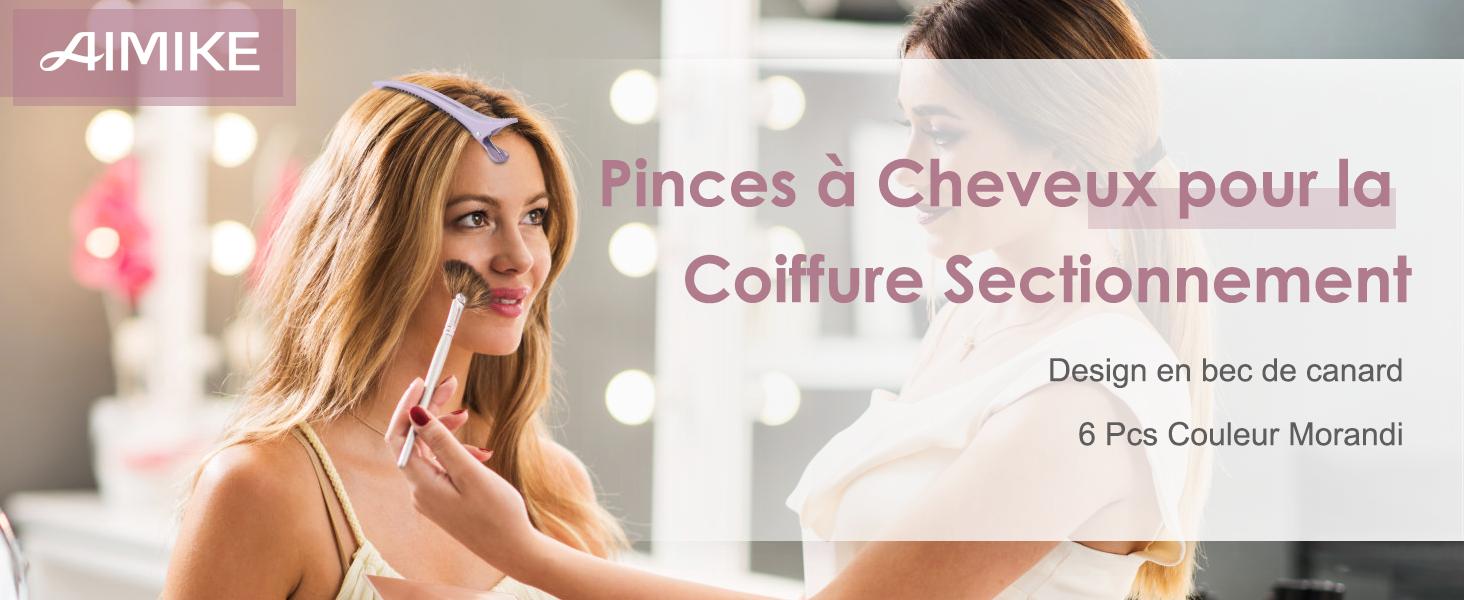 affichées. Le texte en français décrit le produit comme des pinces à cheveux à sectionner. L'image montre une personne utilisant une pince rose sur des cheveux blonds.
