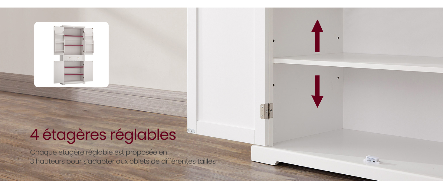Armoire de rangement blanche avec quatre étagères réglables, illustrées par des flèches directionnelles indiquant la capacité de réglage de la hauteur des étagères.