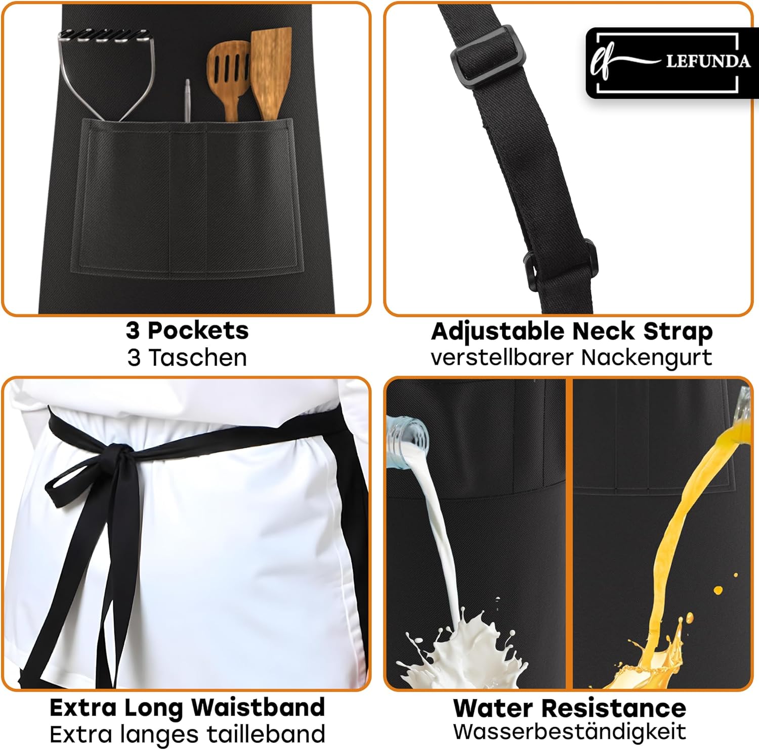 LEFUNDA - tablier cuisine réglable, étanche, 3 poches, longues lanières