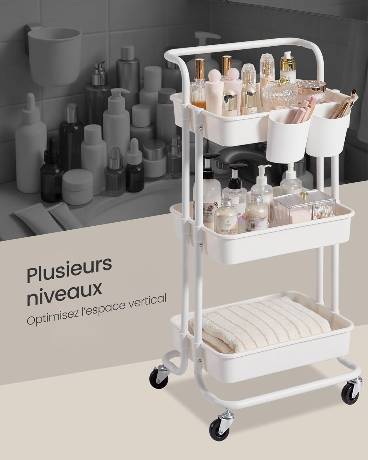 SONGMICS - chariot de rangement 3 niveaux - blanc - 2 pots, 2 freins, poignée, paniers plastiques - BSC067W01