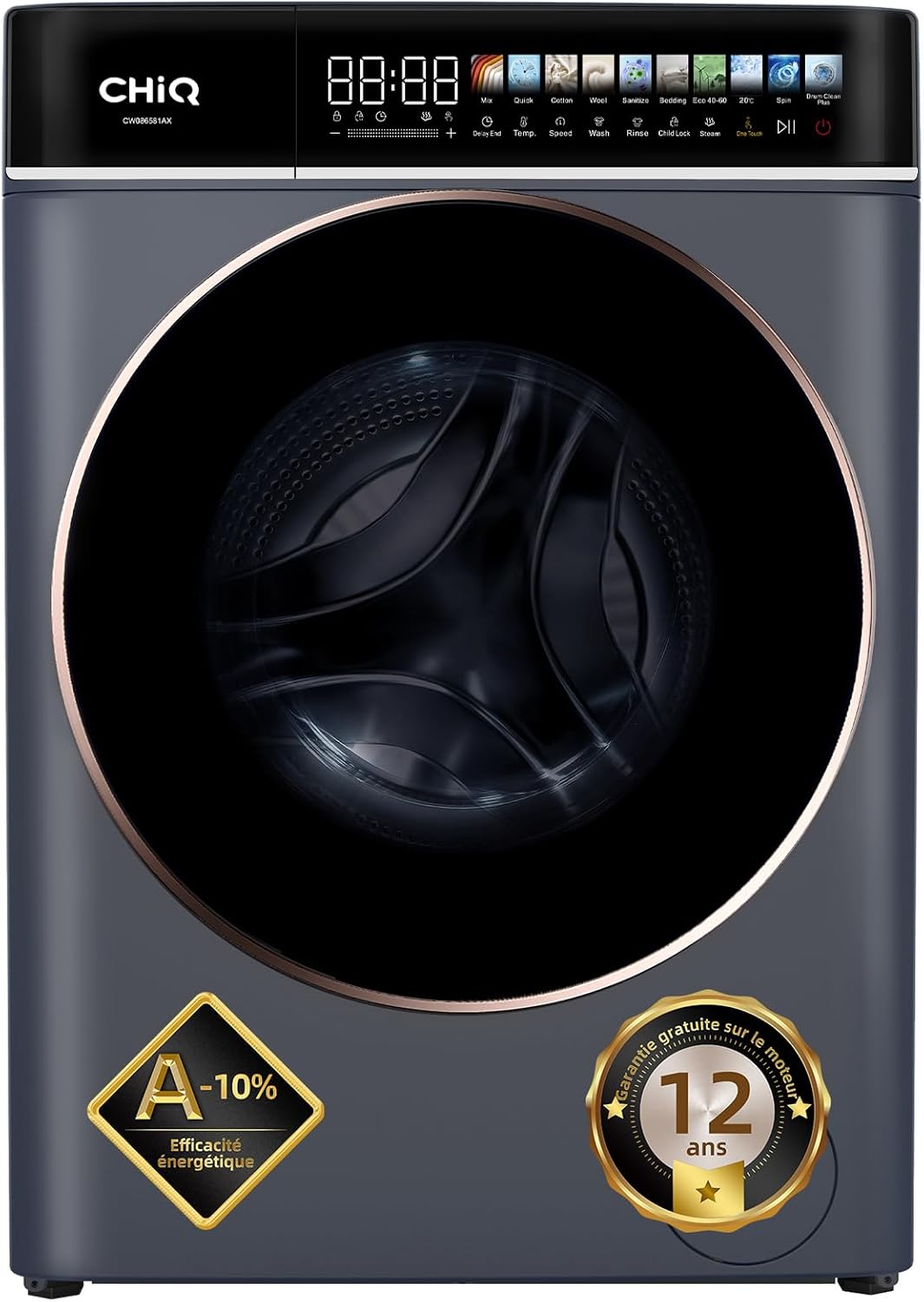 CHiQ - Lave-linge 8kg, écran LED tactile, vapeur, 1400tr/min, CW086581AX