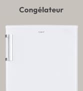 Le texte indique « Congélateur ». Série d'images montrant un congélateur ou une unité de réfrigération domestique blanc sous différents angles.