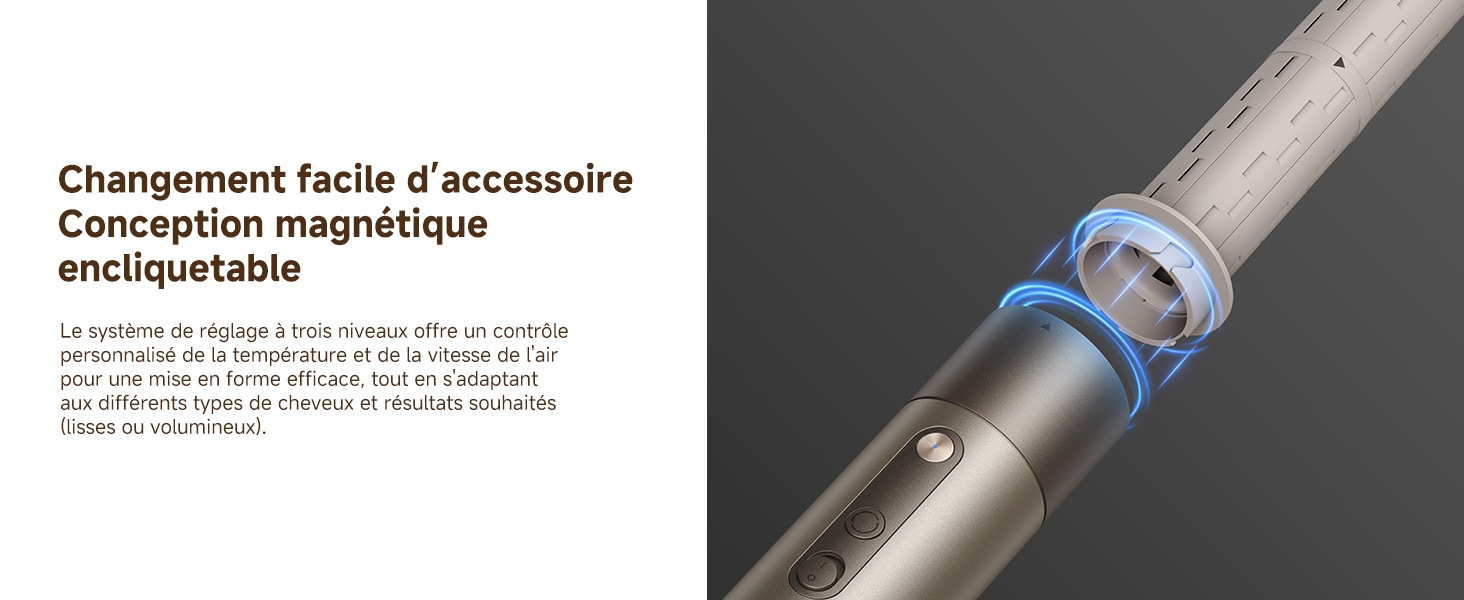 Le texte indique « Changement facile d'accessoire » et « Conception impeccable ». Images rapprochées de composants de quincaillerie métalliques montrant des mécanismes d'assemblage ou de fixation.