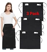 Ensemble de trois tabliers noirs à poches. Chaque tablier est doté de deux poches, l'une pouvant accueillir un smartphone et l'autre pour les stylos ou les ustensiles. Les tabliers ont des bretelles à nouer à la taille.