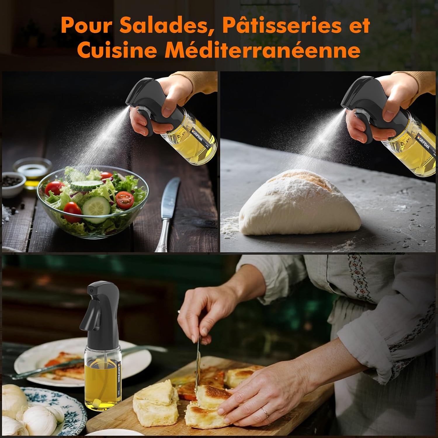 GRIFEMA - GE2003B - Pulvérisateur Huile Verre 200 ml - Jet réglable, nettoyage facile, noir