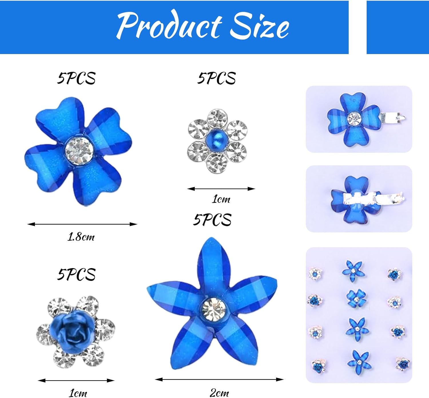 Pinces à cheveux - lot de 20 - mini strass fleurs, mariage, 4 motifs