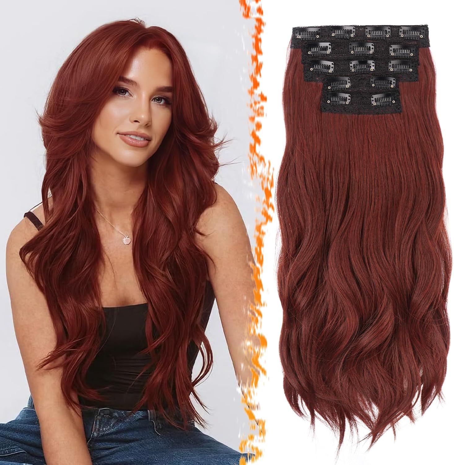 BARSDAR - Extensions à clips série ondulée - 50cm - Rouge Auburn foncé, 5pcs synthétique naturel
