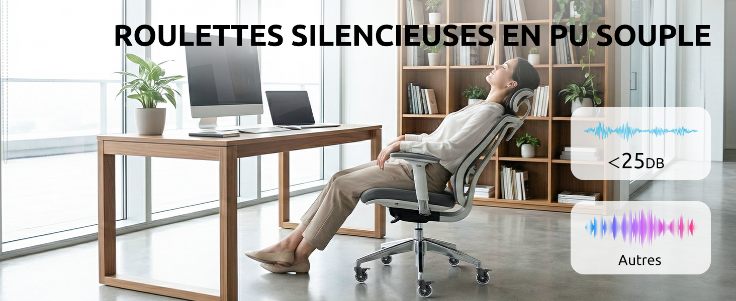 Le texte se lit comme suit : « ROULETTES SILENCIEUSES EN PU SOUPLE ». Chaise de bureau à roulettes présentée dans un espace de travail moderne avec bureau en bois.