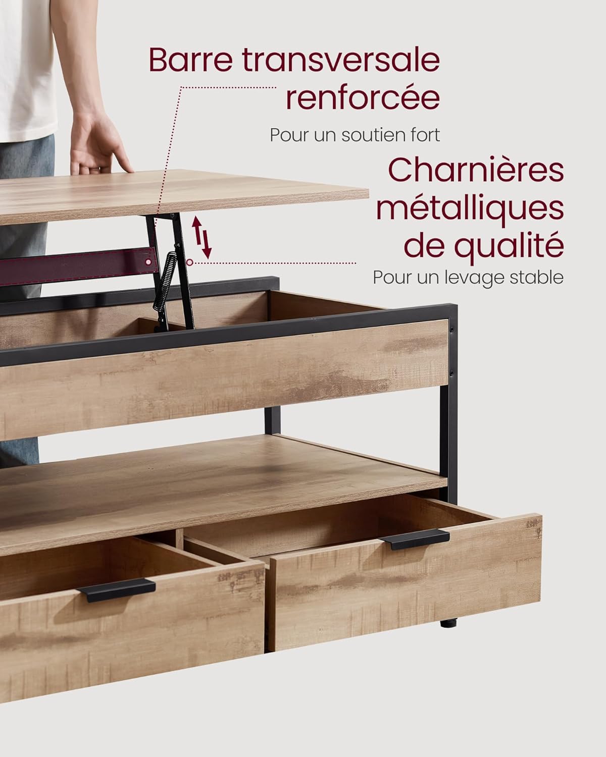 VASAGLE - Table basse, plateau relevable, rangements, marron/noir, LCT209K02