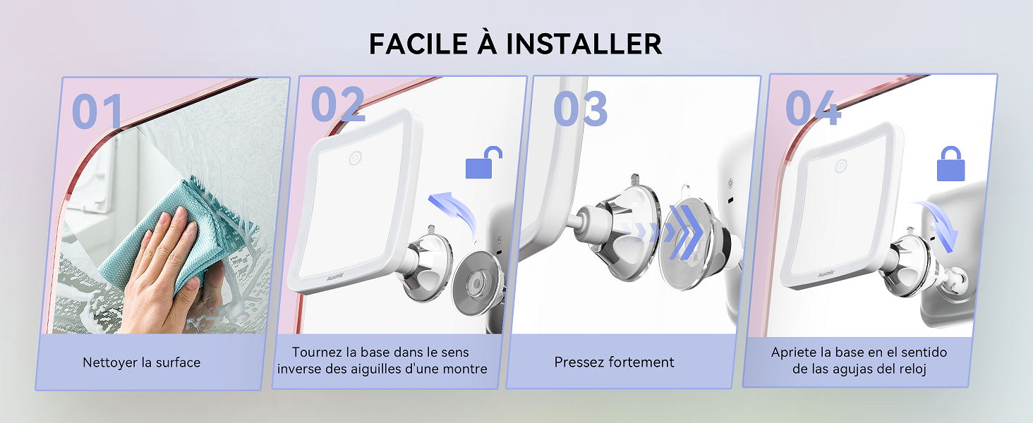 Guide d'installation en quatre étapes illustrant le processus de montage d'un dispositif de sécurité, illustré par de simples schémas numérotés sur fond clair.
