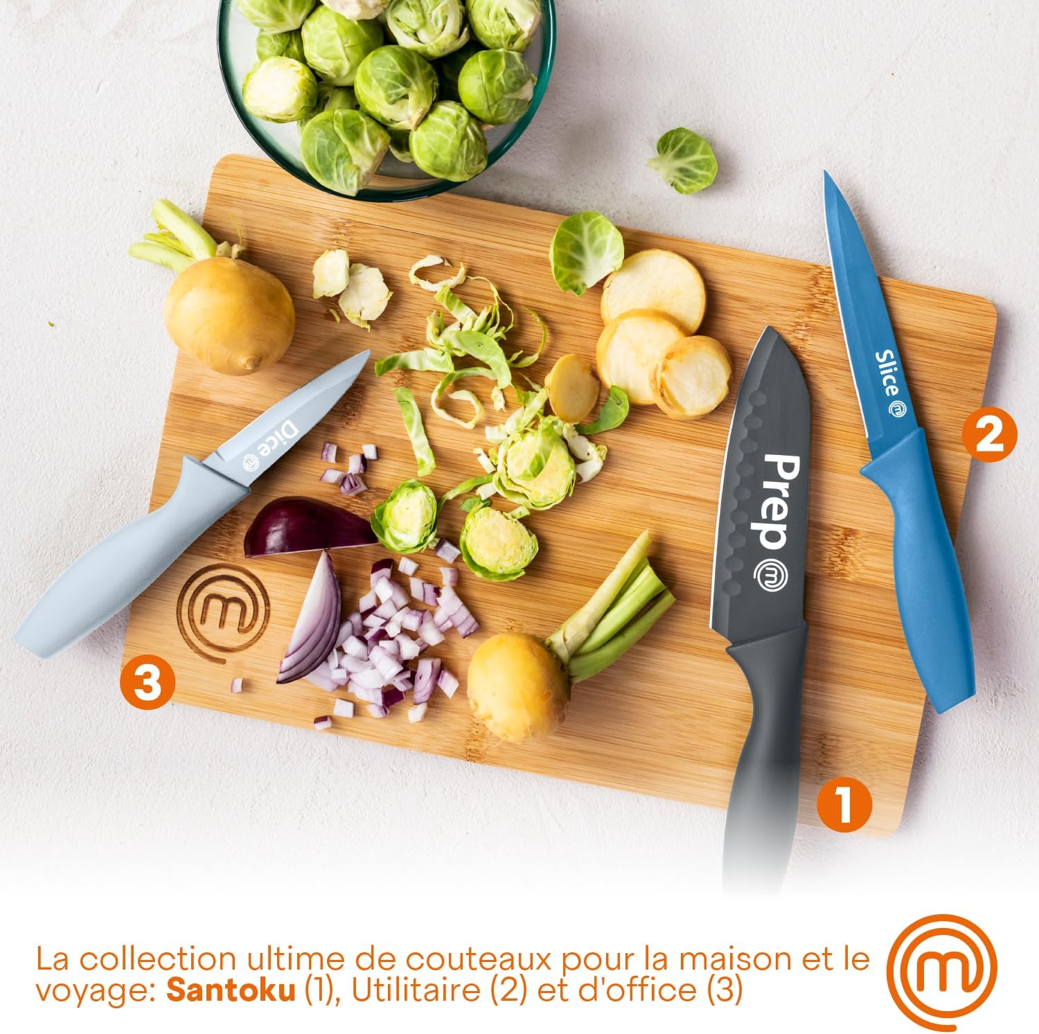 MasterChef - Nordic Collection - 3 pièces - couteaux inox cuisine, lames antiadhésives, poignées ergonomiques