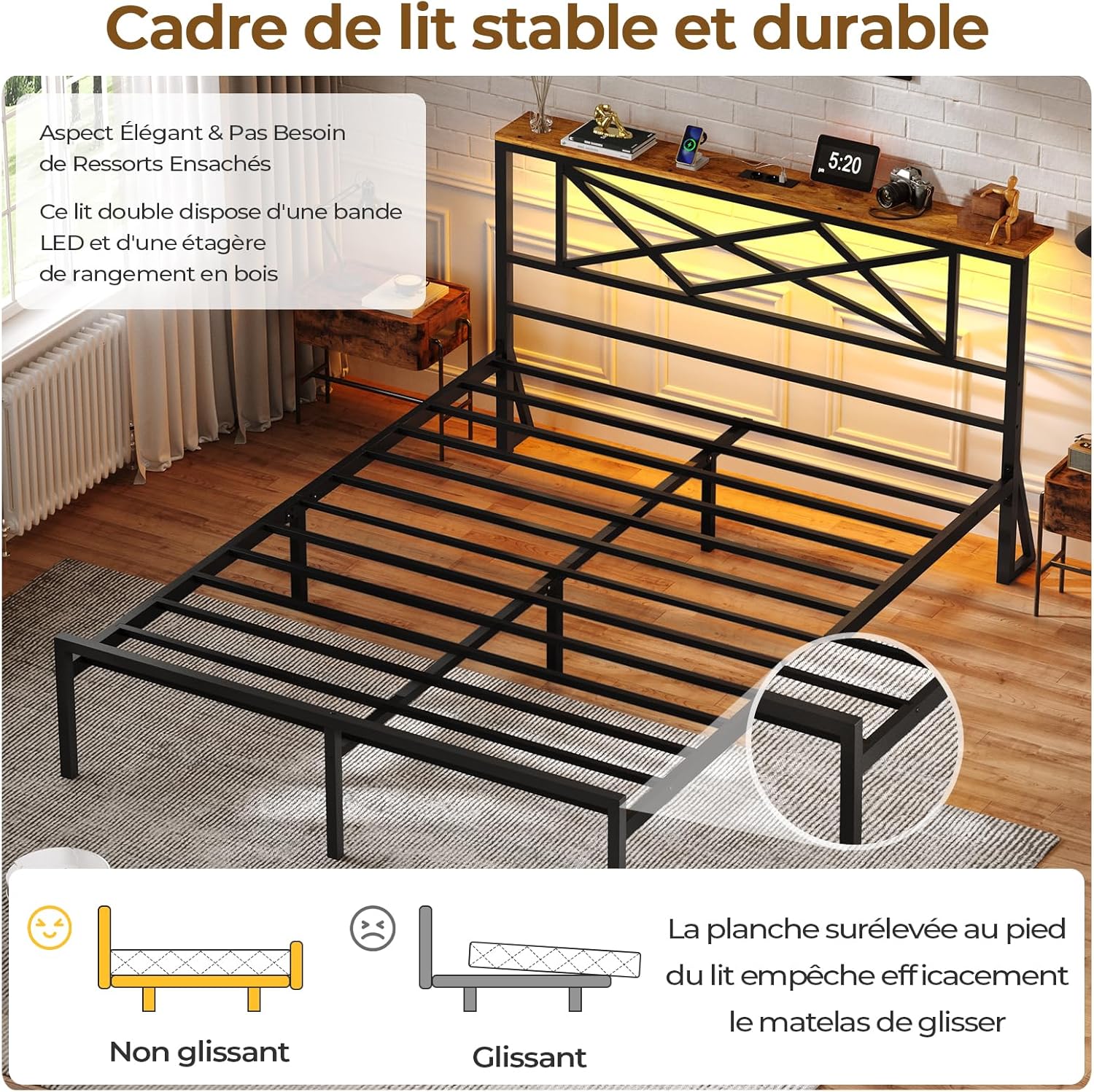 DICTAC - Lit double métal 140x200, LED, USB, rangement, vintage/NOIR - DICTAC