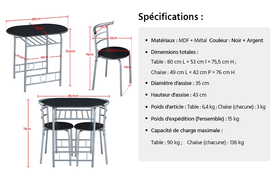 Schéma technique d'un ensemble de salle à manger de bistrot montrant les dimensions de la table et de la chaise en finition noire et argentée, avec des spécifications françaises détaillées.