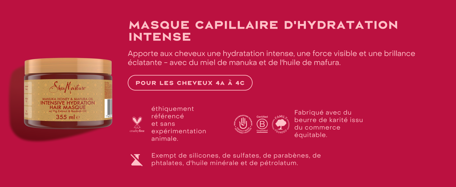 Le texte indique « MASQUE CAPILLAIRE D'HYDRATATION INTENSE ». L'image du produit montre l'emballage du masque de soin des cheveux avec des éléments de design aux tons roses.